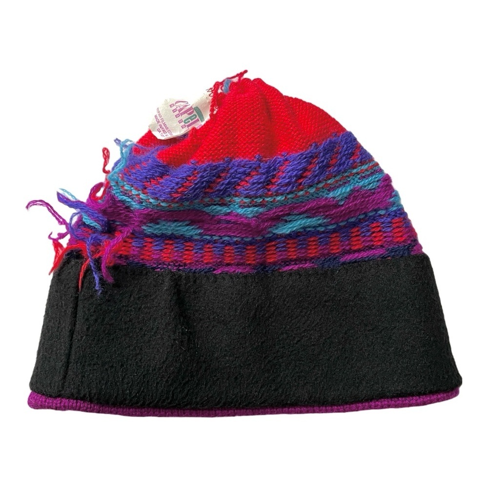 Colourful Vintage 100% Wool Toque Hat, Fleece Lined, Tassels, Made in Canada - Picture 5 of 8